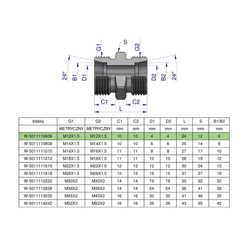 Złączka hydrauliczna metryczna BB M12x1.5 06L (XG) Waryński ( sprzedawane po 10 )