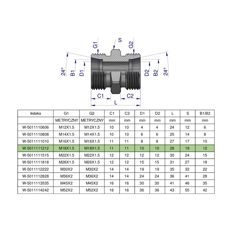 Złączka hydrauliczna metryczna BB M18x1.5 12L (XG) Waryński ( sprzedawane po 10 )