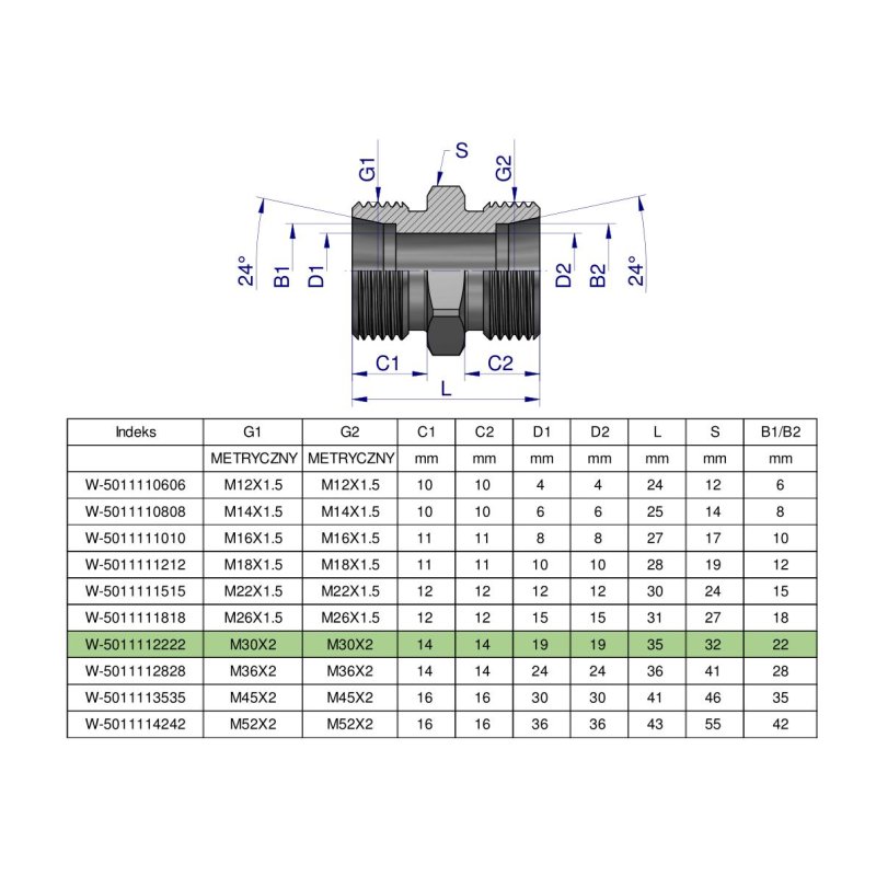 Złączka hydrauliczna metryczna BB M30x2 22L (XG) Waryński ( sprzedawane po 5 )