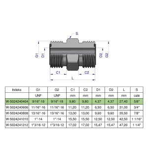 Złączka hydrauliczna calowa BB 9/16" ORFS (UNF) ORFS (UNF) Waryński ( sprzedawane po 2 )