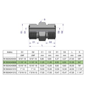 Złączka hydrauliczna calowa BB 11/16" ORFS (UNF) Waryński ( sprzedawane po 2 )
