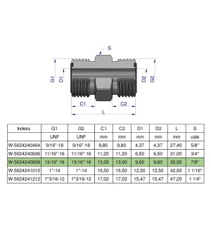 Złączka hydrauliczna calowa BB 13/16" ORFS (UNF) Waryński ( sprzedawane po 2 )
