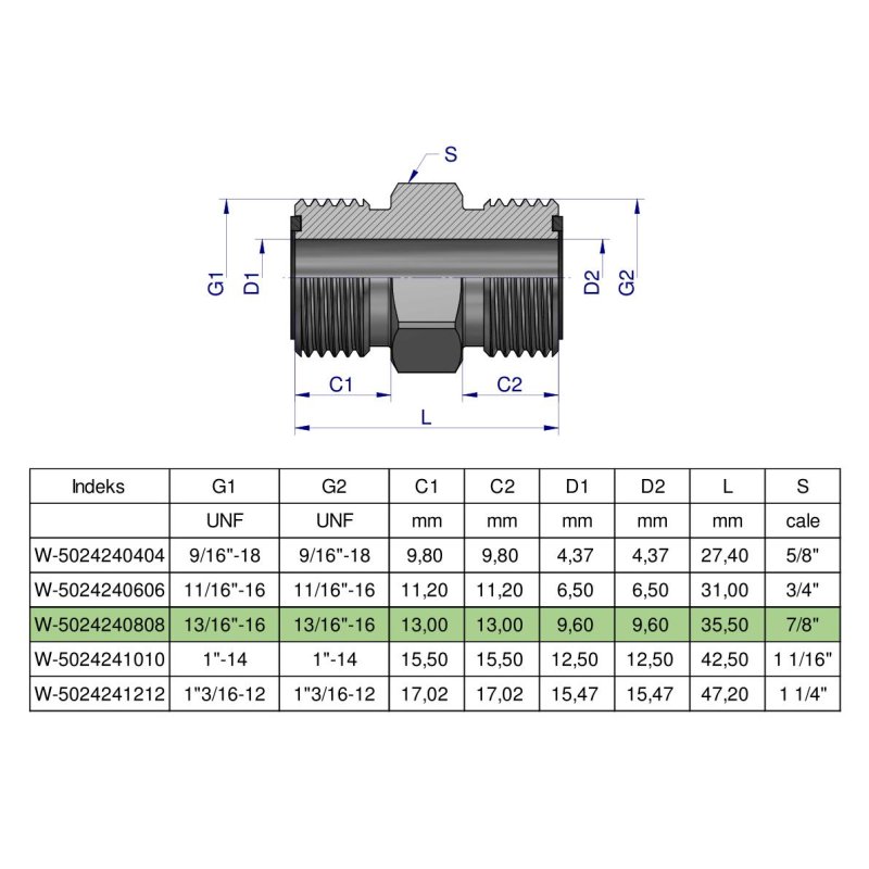 Złączka hydrauliczna calowa BB 13/16" ORFS (UNF) Waryński ( sprzedawane po 2 )