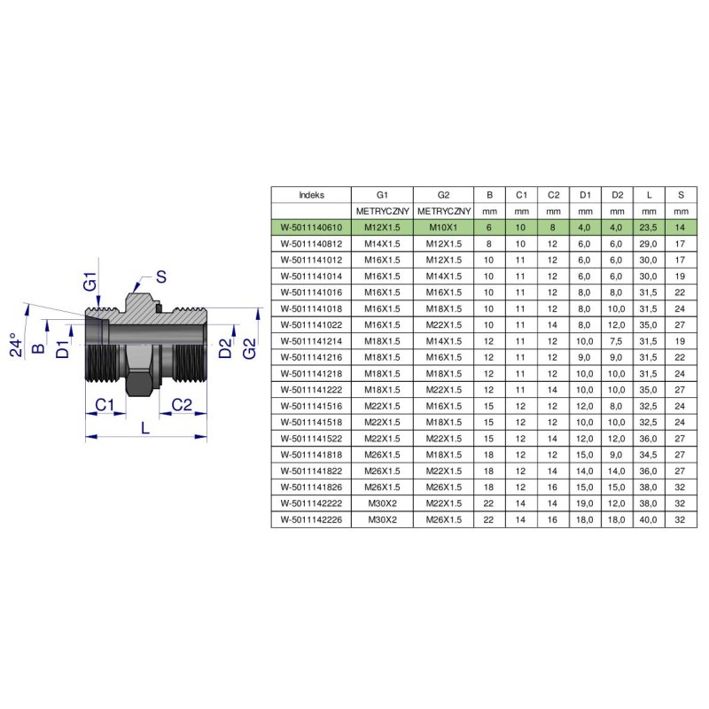Przyłączka hydrauliczna metryczna BB (XGE) M12x1.5 06L x M10x1 ED Waryński ( sprzedawane po 5 )
