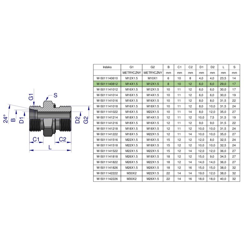 Przyłączka hydrauliczna metryczna BB (XGE) M14x1.5 08L x M12x1.5 ED Waryński ( sprzedawane po 5 )