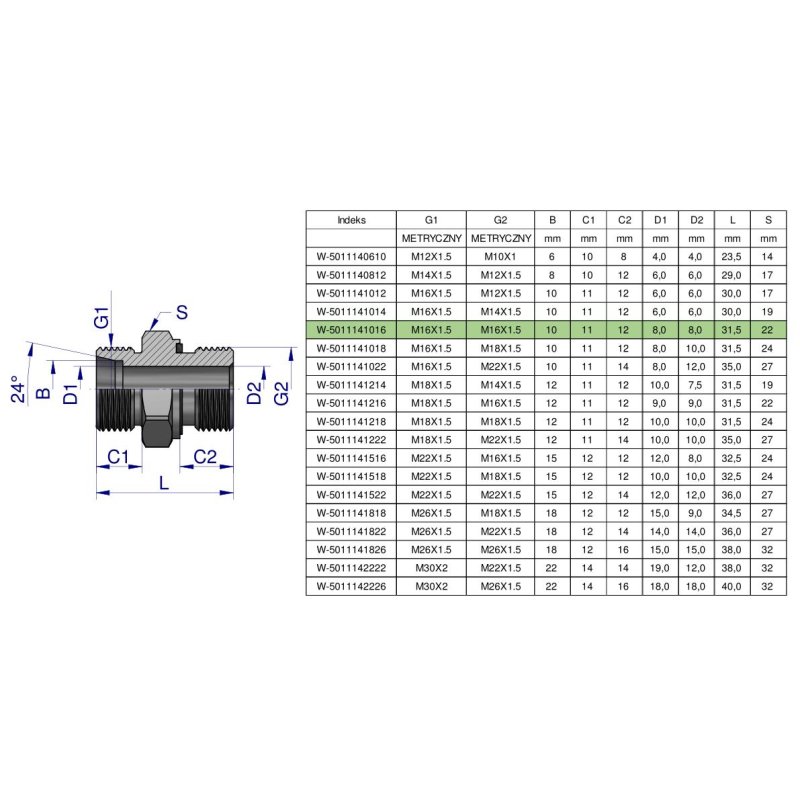 Przyłączka hydrauliczna metryczna BB (XGE) M16x1.5 10L x M16x1.5 ED Waryński ( sprzedawane po 5 )