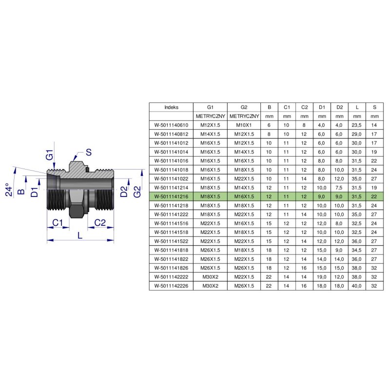 Przyłączka hydrauliczna metryczna BB (XGE) M18x1.5 12L x M16x1.5 ED Waryński ( sprzedawane po 10 )
