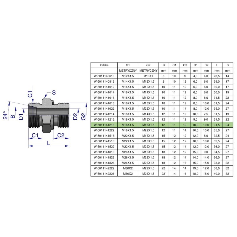 Przyłączka hydrauliczna metryczna BB 18/18 (XGE) M18x1.5 12L x M18x1.5 ED Waryński ( sprzedawane po 10 )