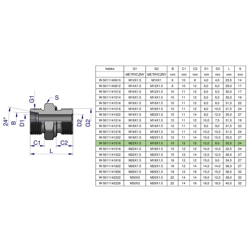 Przyłączka hydrauliczna metryczna BB (XGE) M22x1.5 15L x M16x1.5 ED Waryński ( sprzedawane po 10 )
