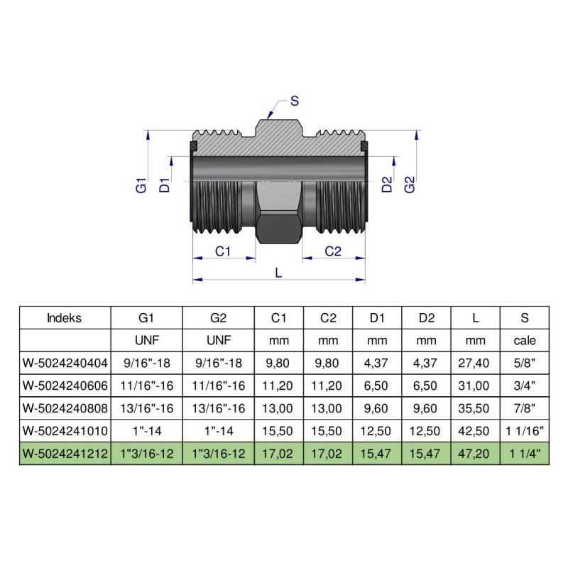 Złączka hydrauliczna calowa BB 1 3/16" ORFS (UNF) Waryński