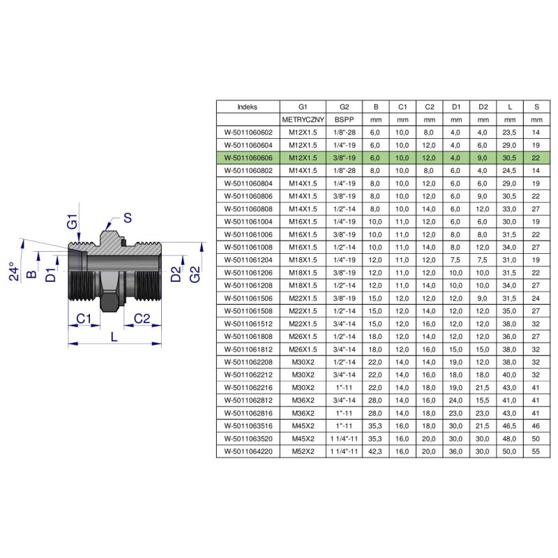 Przyłączka hydrauliczna BB (XGE) M12x1.5 06L x 3/8" BSP ED Waryński ( sprzedawane po 5 )