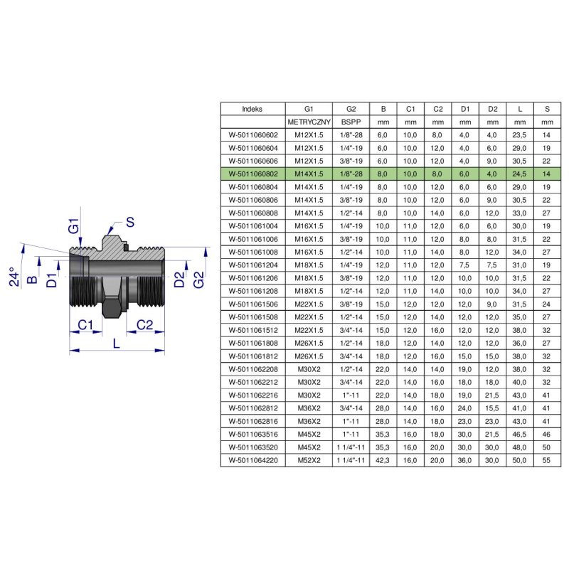 Przyłączka hydrauliczna BB (XGE) M14x1.5 08L x 1/8" BSP ED Waryński ( sprzedawane po 5 )