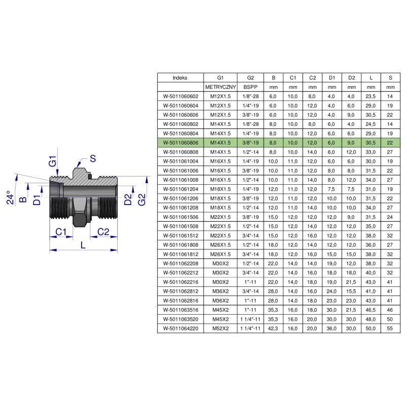 Przyłączka hydrauliczna BB (XGE) M14x1.5 08L x 3/8" BSP ED Waryński ( sprzedawane po 5 )