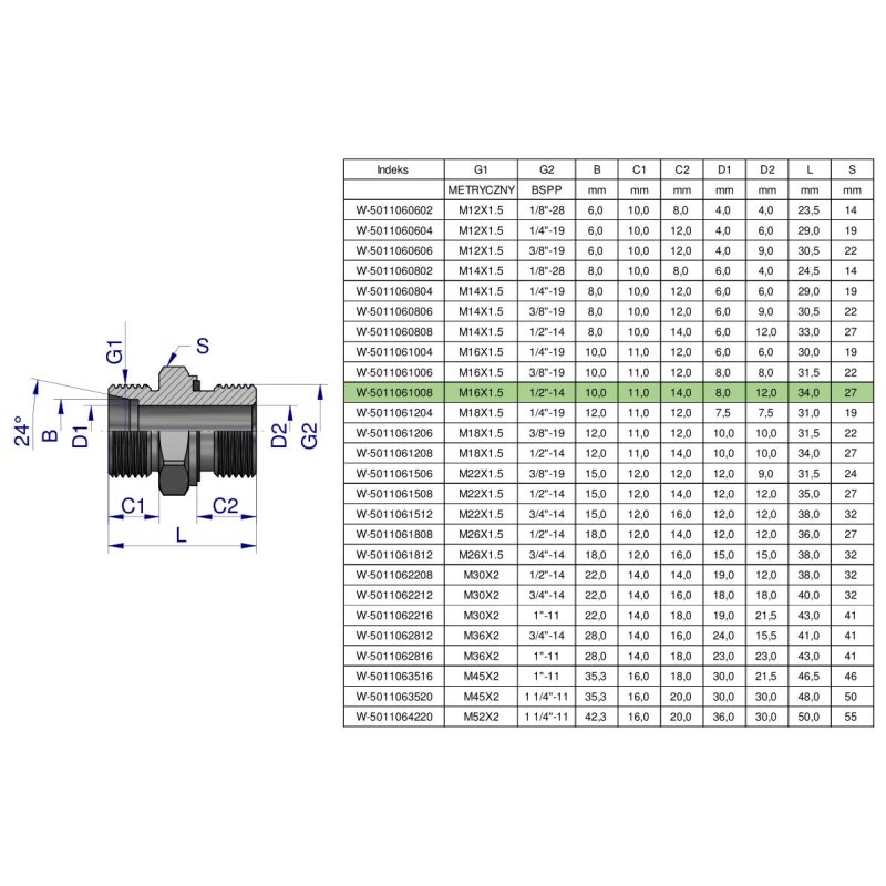 Przyłączka hydrauliczna BB (XGE) M16x1.5 10L x 1/2" BSP ED Waryński ( sprzedawane po 10 )