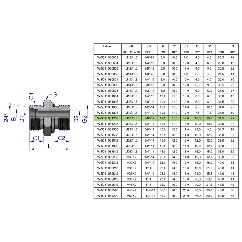 Przyłączka hydrauliczna BB (XGE) M18x1.5 12L x 3/8" BSP ED Waryński ( sprzedawane po 10 )