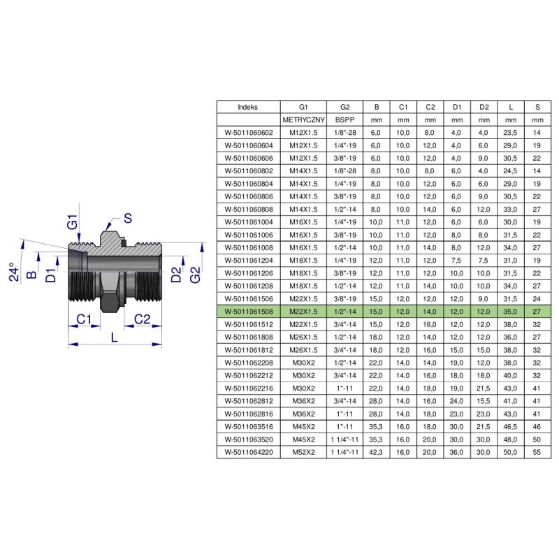 Przyłączka hydrauliczna BB (XGE) M22x1.5 15L x 1/2" BSP ED Waryński ( sprzedawane po 10 )