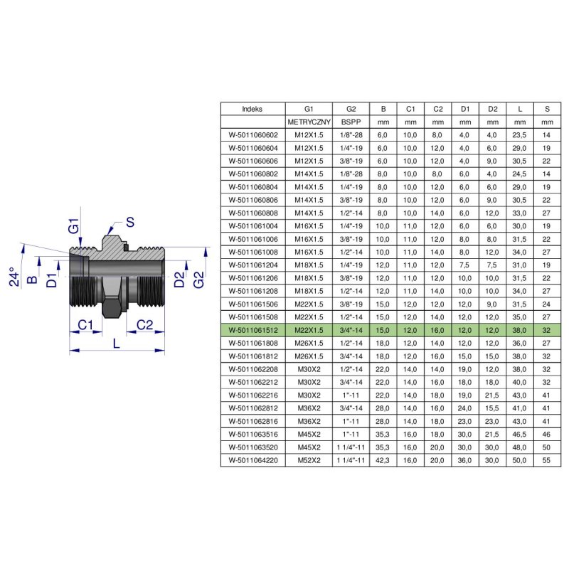 Przyłączka hydrauliczna BB (XGE) M22x1.5 15L x 3/4" BSP ED Waryński ( sprzedawane po 5 )