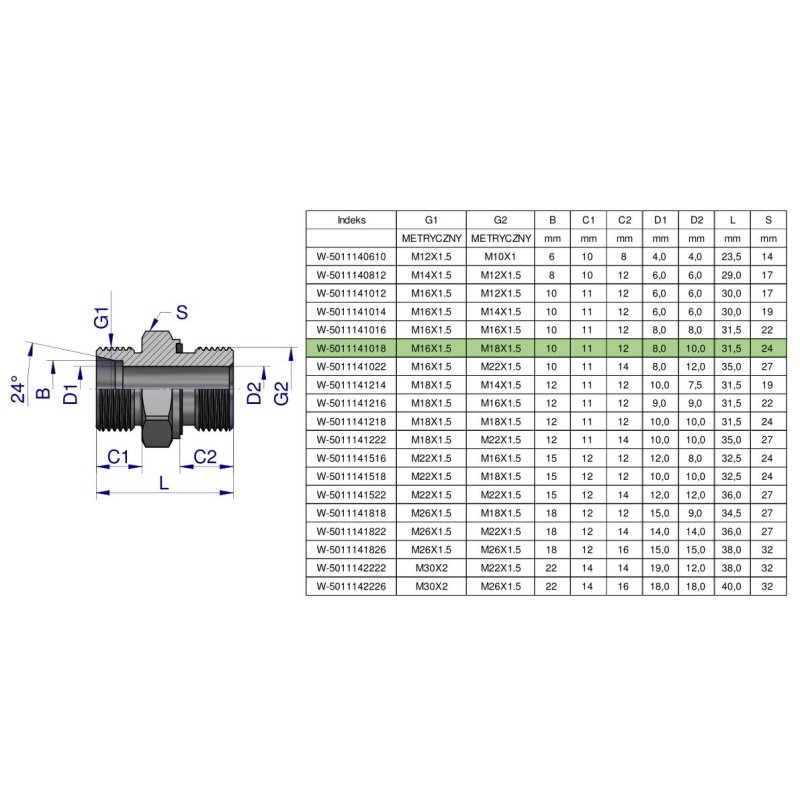 Przyłączka hydrauliczna metryczna BB (XGE) M16x1.5 10L x M18x1.5 ED Waryński ( sprzedawane po 5 )