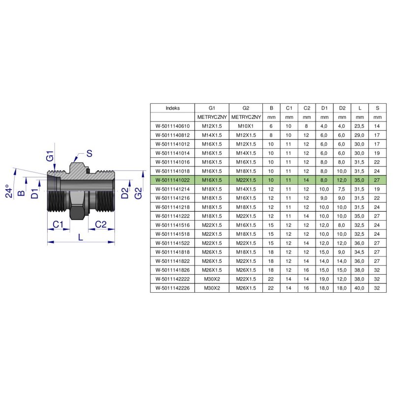 Przyłączka hydrauliczna metryczna BB (XGE) M16x1.5 10L x M22x1.5 ED Waryński ( sprzedawane po 5 )