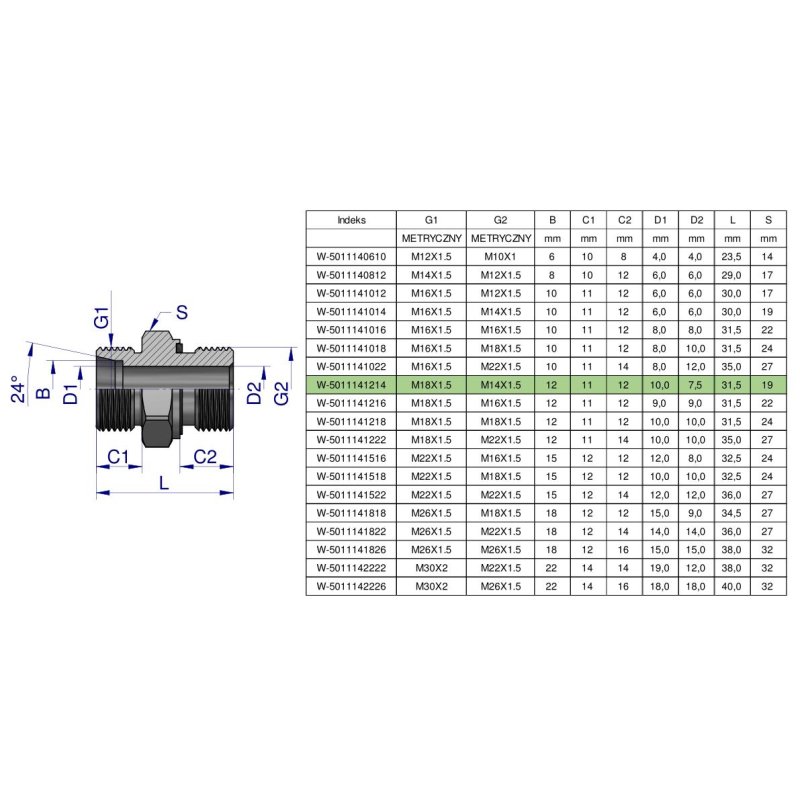 Przyłączka hydrauliczna metryczna BB (XGE) M18x1.5 12L x M14x1.5 ED Waryński ( sprzedawane po 5 )