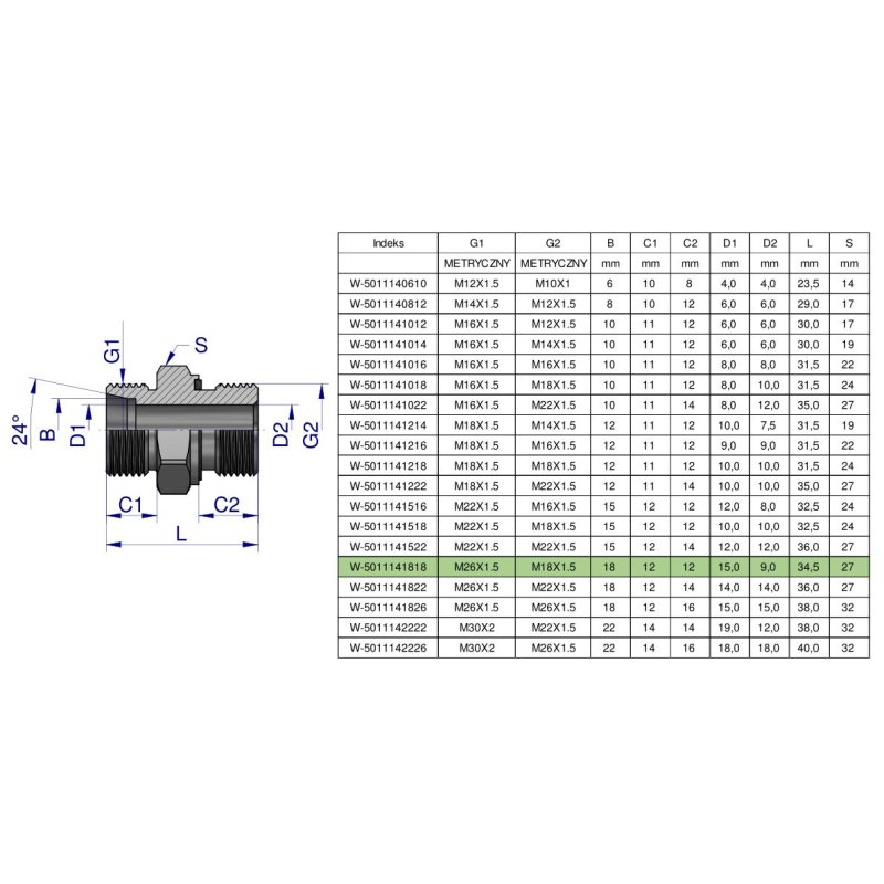 Przyłączka hydrauliczna metryczna BB (XGE) M26x1.5 18L x M18x1.5 ED Waryński ( sprzedawane po 2 )