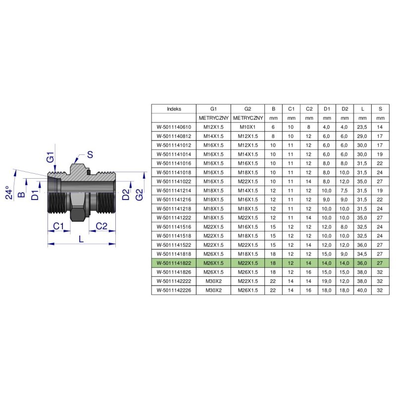 Przyłączka hydrauliczna metryczna BB (XGE) M26x1.5 18L x M22x1.5 ED Waryński ( sprzedawane po 2 )