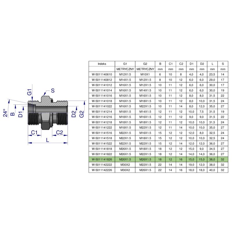 Przyłączka hydrauliczna metryczna BB (XGE) M26x1.5 18L x M26x1.5 ED Waryński ( sprzedawane po 2 )