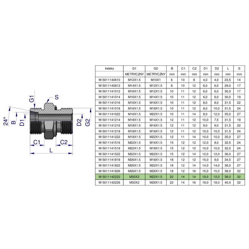 Przyłączka hydrauliczna metryczna BB (XGE) M30x2 22L x M22x1.5 ED Waryński ( sprzedawane po 2 )