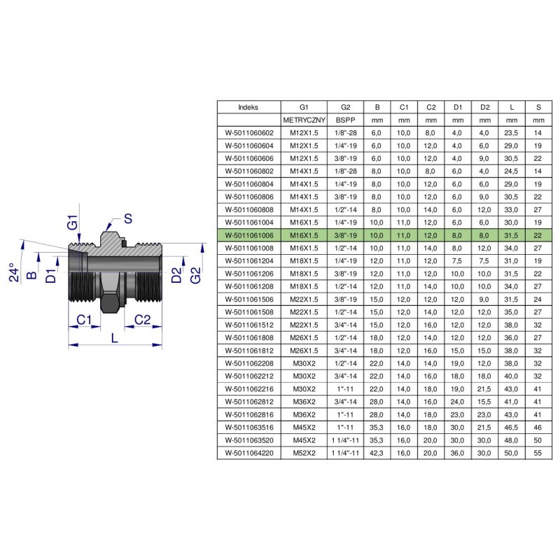 Przyłączka hydrauliczna BB (XGE) M16x1.5 10L x 3/8" BSP ED Waryński ( sprzedawane po 10 )