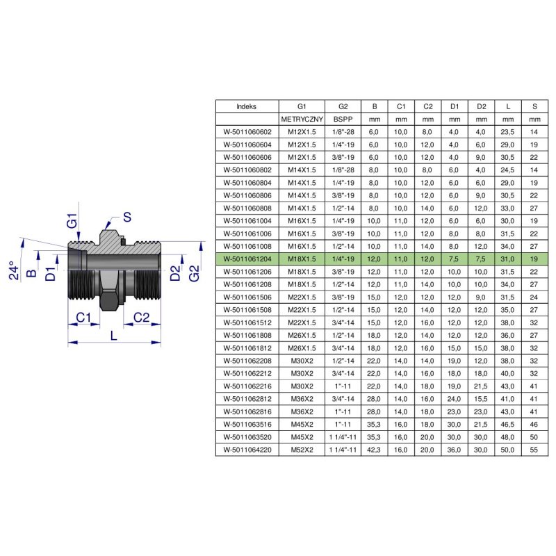 Przyłączka hydrauliczna BB (XGE) M18x1.5 12L x 1/4" BSP ED Waryński ( sprzedawane po 10 )