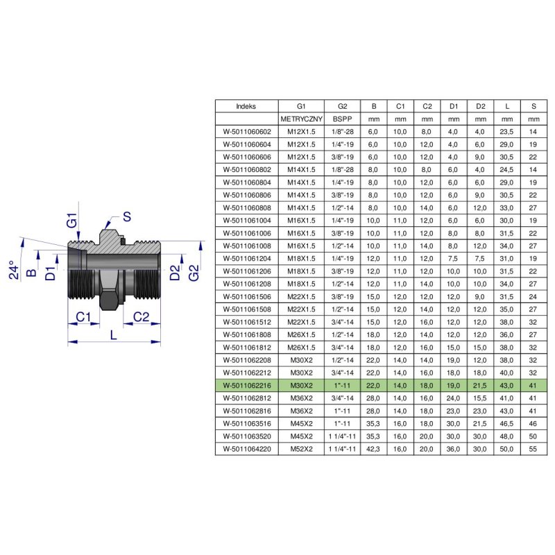 Przyłączka hydrauliczna BB (XGE) M30x2 22L x 1" BSP ED Waryński ( sprzedawane po 2 )