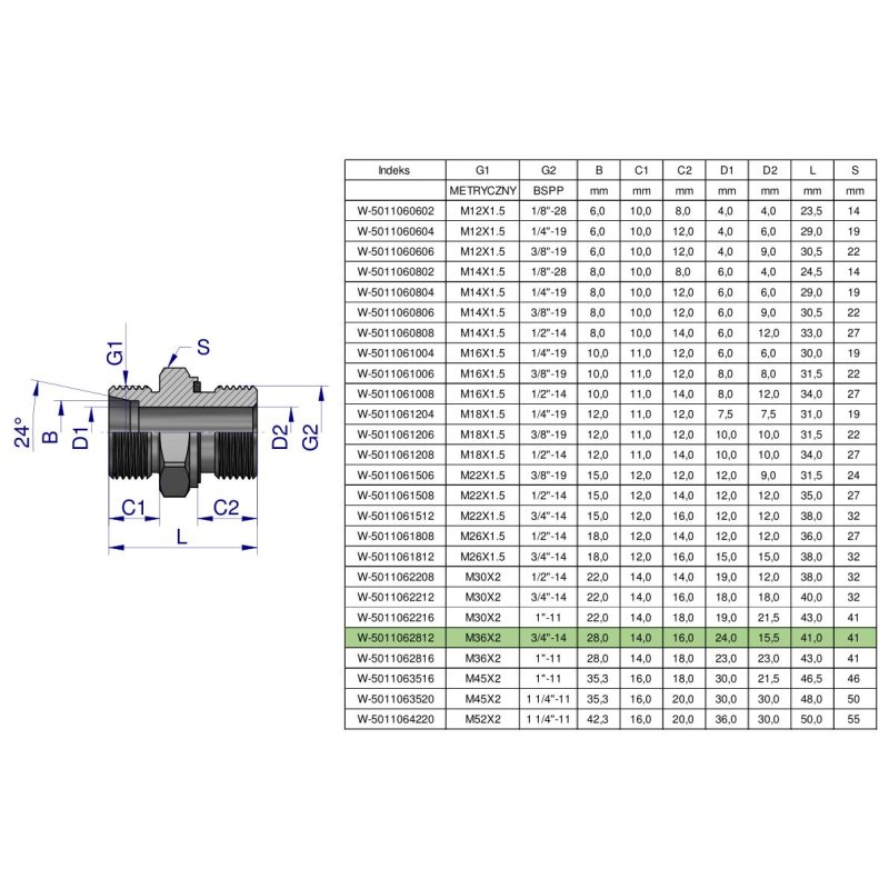 Przyłączka hydrauliczna BB (XGE) M36x2 28L2 28L x 3/4" BSP ED Waryński ( sprzedawane po 2 )