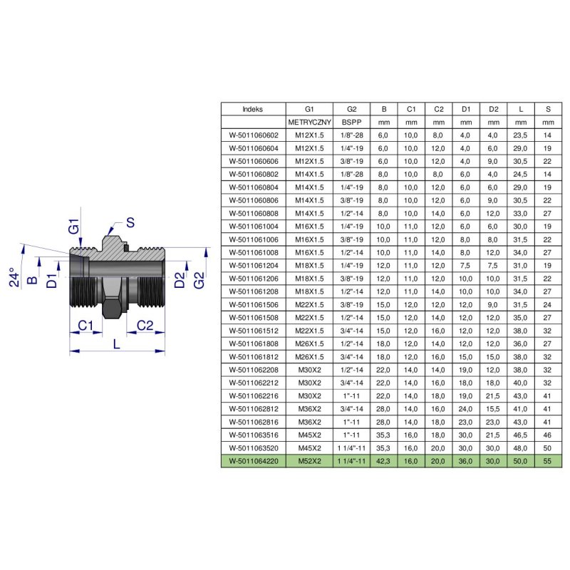 Przyłączka hydrauliczna BB (XGE) M52x2 42L x 1 1/4" BSP ED Waryński
