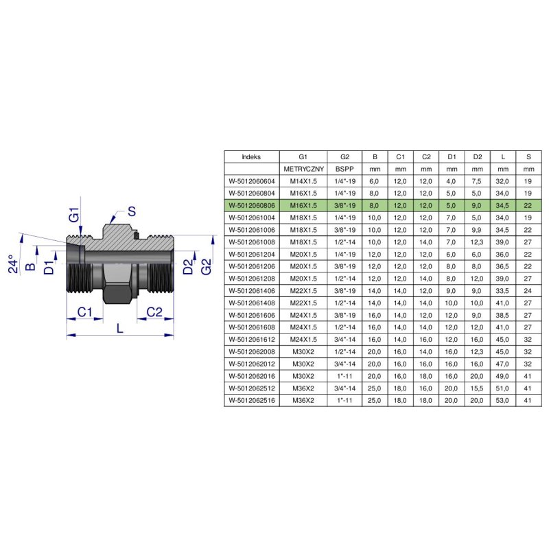 Przyłączka hydrauliczna (odmiana ciężka XGE) BB M16x1.5 08S x 3/8" BSP ED Waryński ( sprzedawane po 5 )