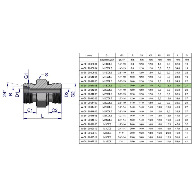 Przyłączka hydrauliczna (odmiana ciężka XGE) BB M18x1.5 10S x 1/2" BSP ED Waryński ( sprzedawane po 5 )