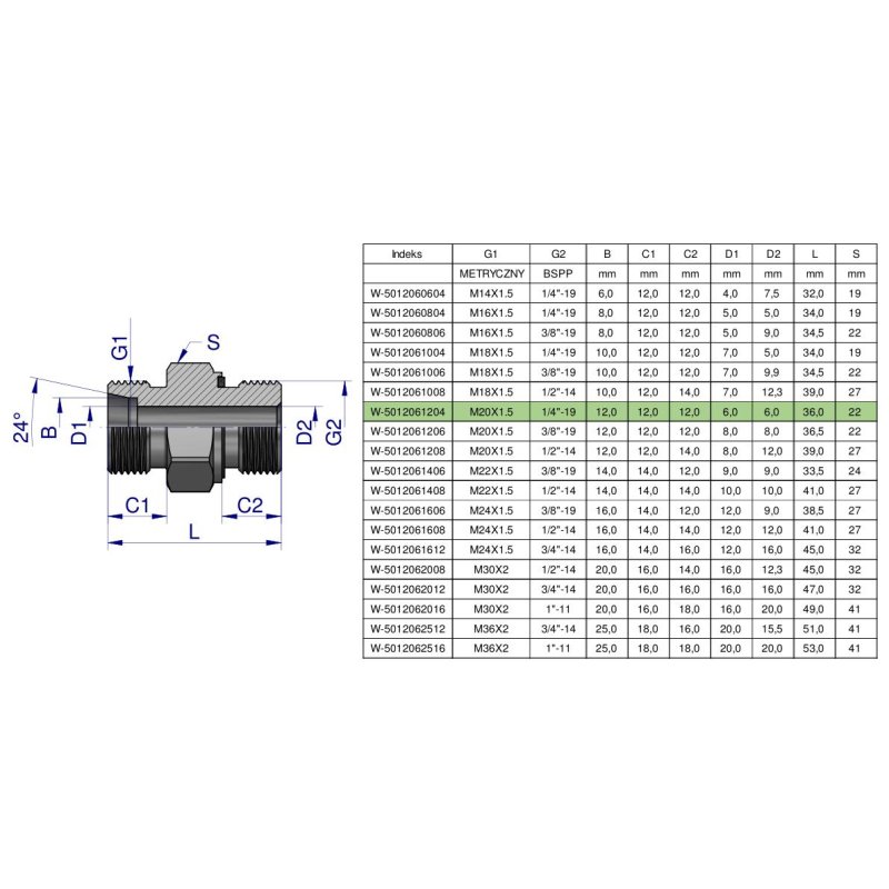 Przyłączka hydrauliczna (odmiana ciężka XGE) BB M20x1.5 12S x 1/4" BSP ED Waryński ( sprzedawane po 5 )