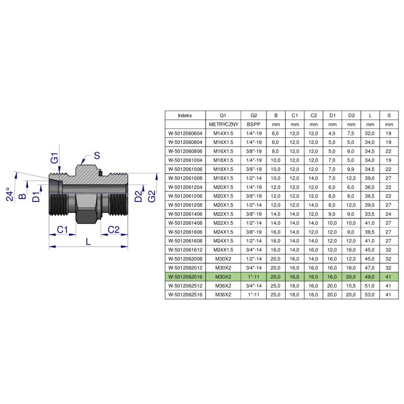 Przyłączka hydrauliczna (odmiana ciężka XGE) BB M30x2 20S x 1" BSP ED Waryński ( sprzedawane po 2 )