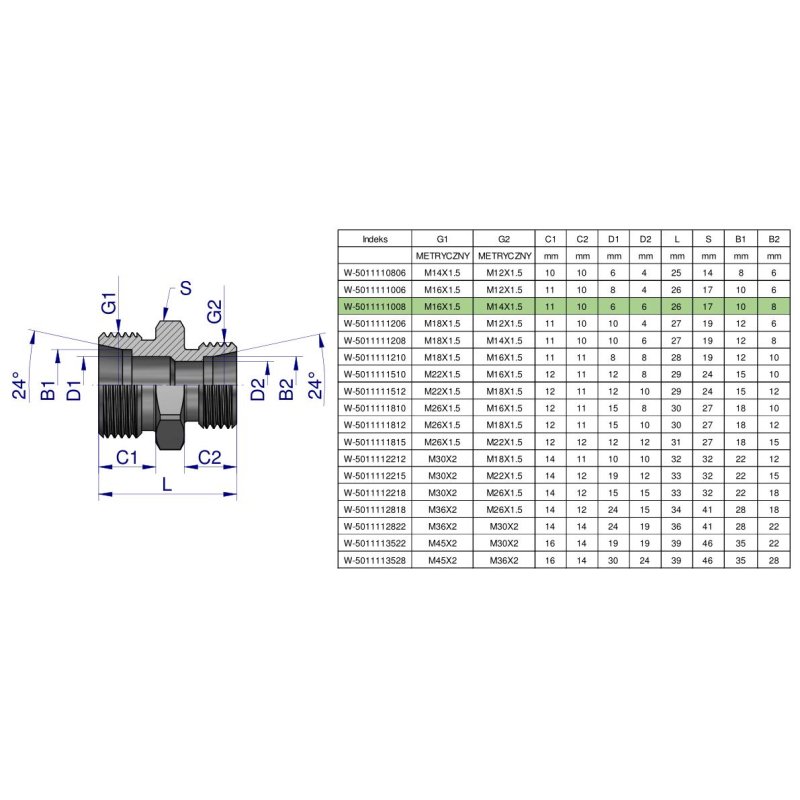 Złączka hydrauliczna redukcyjna metryczna BB M16x1.5 10L / M14x1.5 08L (XG) Waryński ( sprzedawane po 5 )