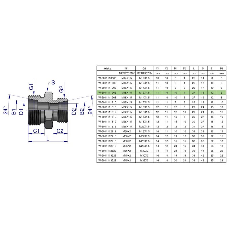Złączka hydrauliczna redukcyjna metryczna BB M18x1.5 12L / M12x1.5 06L (XG) Waryński ( sprzedawane po 5 )