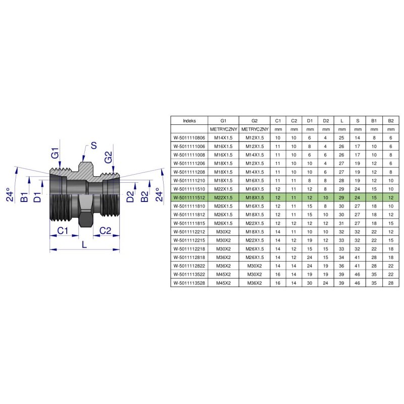 Złączka hydrauliczna redukcyjna metryczna BB 22/18  M22x1.5 15L / M18x1.5 12L (XG) Waryński ( sprzedawane po 10 )