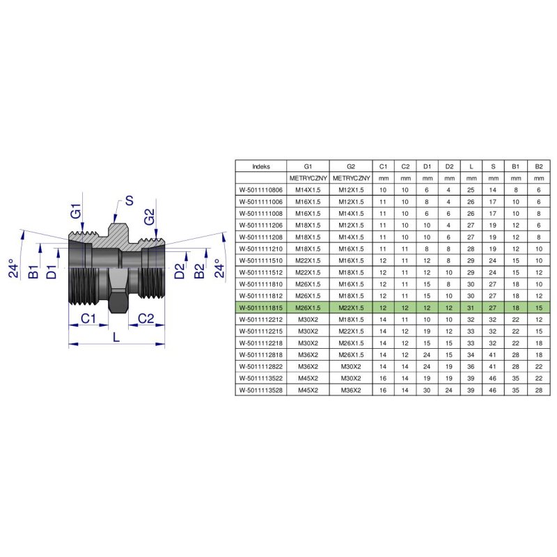 Złączka hydrauliczna redukcyjna metryczna BB M26x1.5 18L / M22x1.5 15L (XG) Waryński ( sprzedawane po 2 )