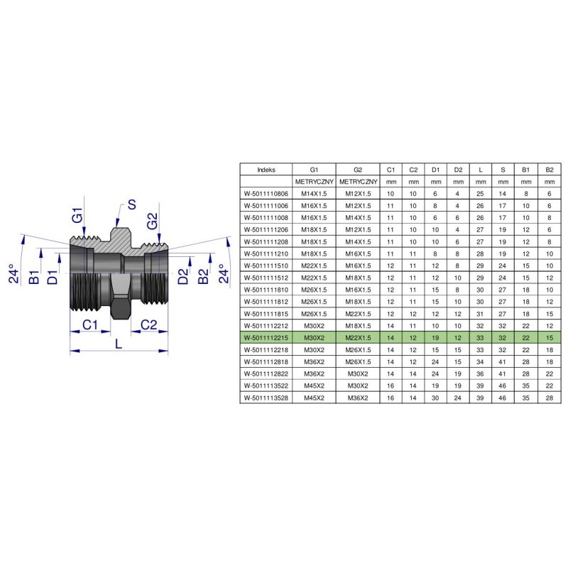 Złączka hydrauliczna redukcyjna metryczna BB M30x2 22L / M22x1.5 15L (XG) Waryński
