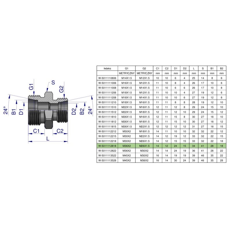 Złączka hydrauliczna redukcyjna metryczna BB M36x2 28L / M26x1.5 18L (XG) Waryński