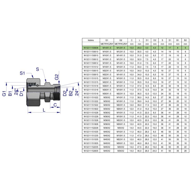 Złączka hydrauliczna metryczna AB (XKOR) A-M14x1.5 08L / B-M12x1.5 06L Waryński ( sprzedawane po 2 )