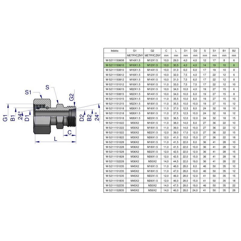 Złączka hydrauliczna metryczna AB (XKOR) A-M16x1.5 10L / B-M12x1.5 06L Waryński ( sprzedawane po 2 )