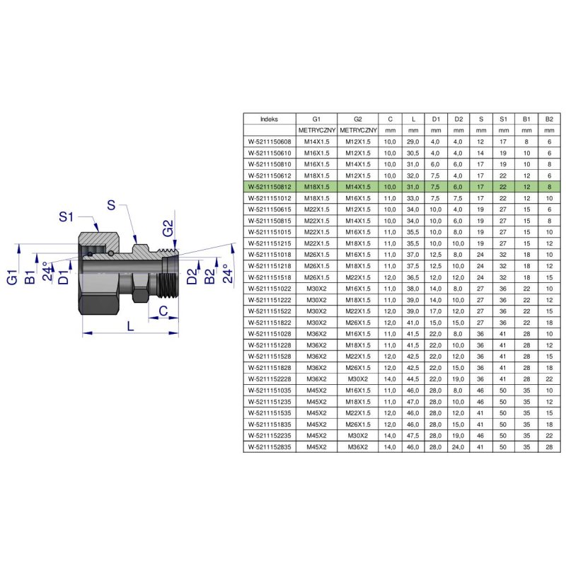 Złączka hydrauliczna metryczna AB (XKOR) A-M18x1.5 12L / B-M14x1.5 08L Waryński ( sprzedawane po 2 )