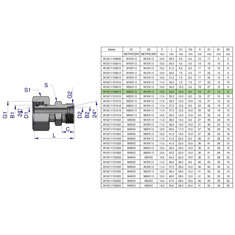 Złączka hydrauliczna metryczna AB (XKOR) A-M22x1.5 15L / B-M14x1.5 08L Waryński ( sprzedawane po 2 )