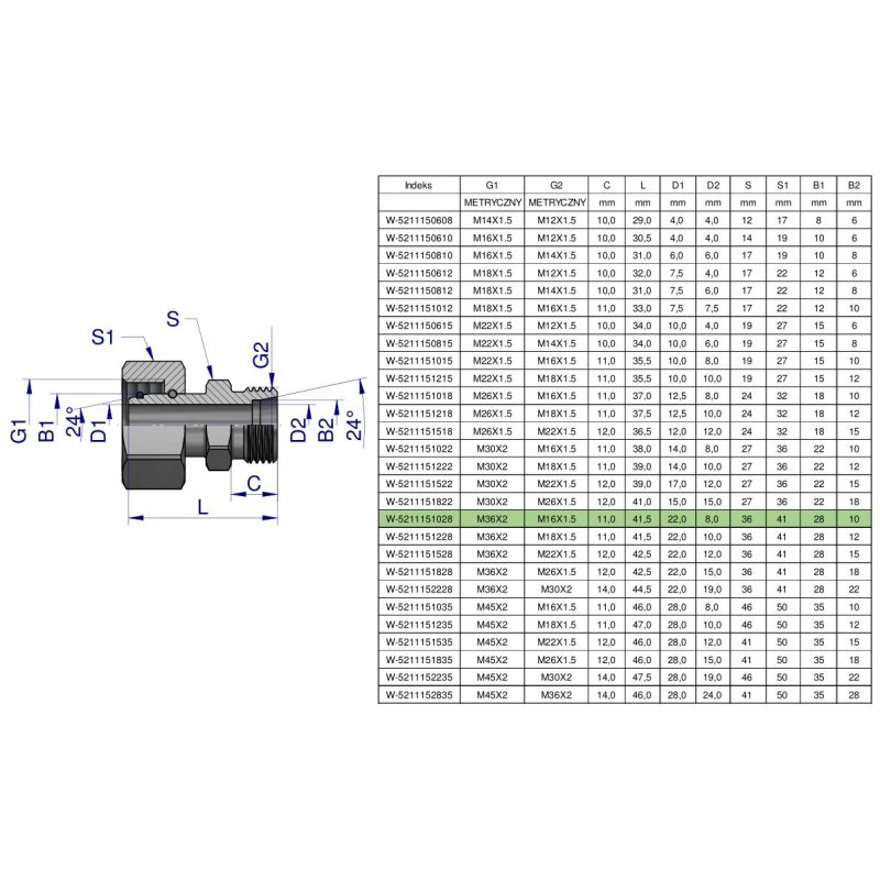 Złączka hydrauliczna metryczna AB (XKOR) A-M36x2 28L / B-M16x1.5 10L Waryński