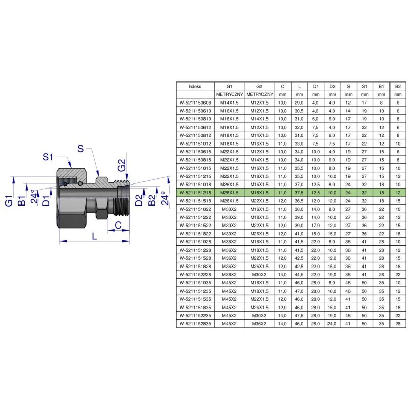 Złączka hydrauliczna metryczna AB (XKOR) A-M26x1.5 18L / B-M18x1.5 12L Waryński