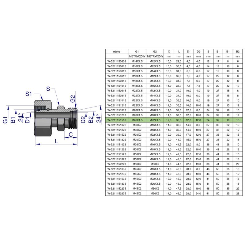 Złączka hydrauliczna metryczna AB (XKOR) A-M26x1.5 18L / B-M22x1.5 15L Waryński ( sprzedawane po 2 )